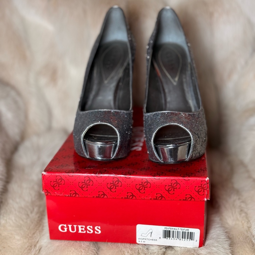 Guess Women's Sparkling Silver Peep Toe Heels - Picture 2 of 6